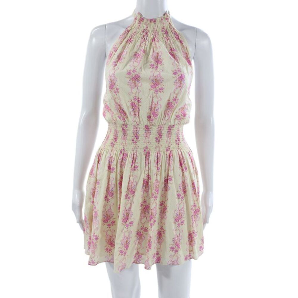 Love Shack Fancy Women Beige Floral Sundress High Neck Sleeveless Size XS